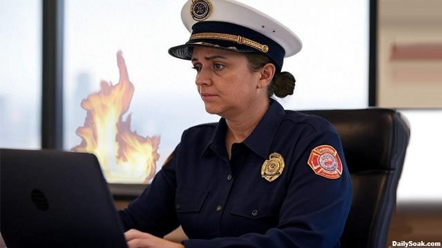 Los Angeles L.A. Fire Chief sitting at her desk