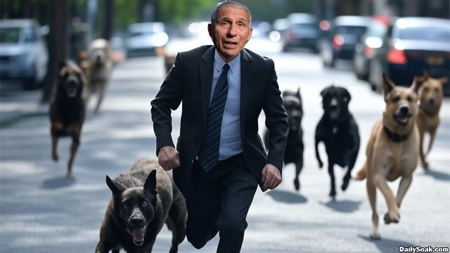 Dr. Fauci being chased by beagles and other dogs.