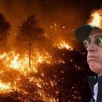 Gavin Newsom in front of an AI-generated deepfake of California wildfires.