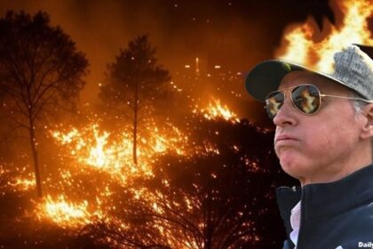 Gavin Newsom in front of an AI-generated deepfake of California wildfires.