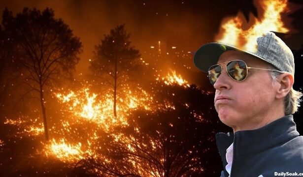 Gavin Newsom in front of an AI-generated deepfake of California wildfires.