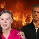 Gavin Newsom standing behind Great Thunberg at the Los Angeles wildfires.