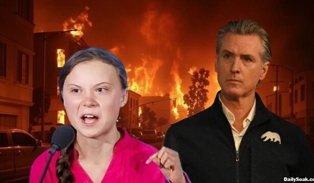 Gavin Newsom standing behind Great Thunberg at the Los Angeles wildfires.