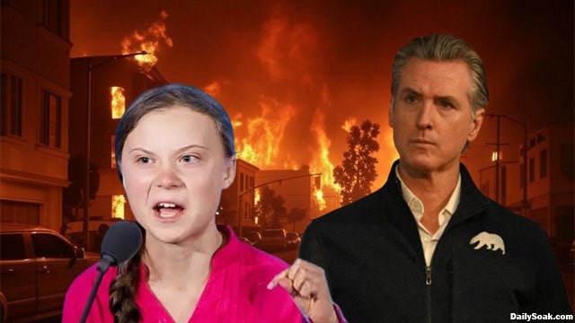 Gavin Newsom standing behind Great Thunberg at the Los Angeles wildfires.