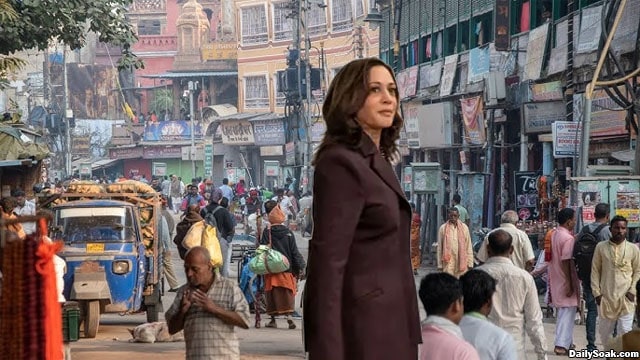 Kamala Harris walking a street in India after being deported by Trump.