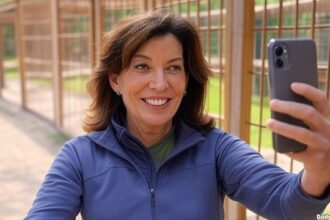 New Governor Kathy Hochul taking a selfie in front of a bear cage.