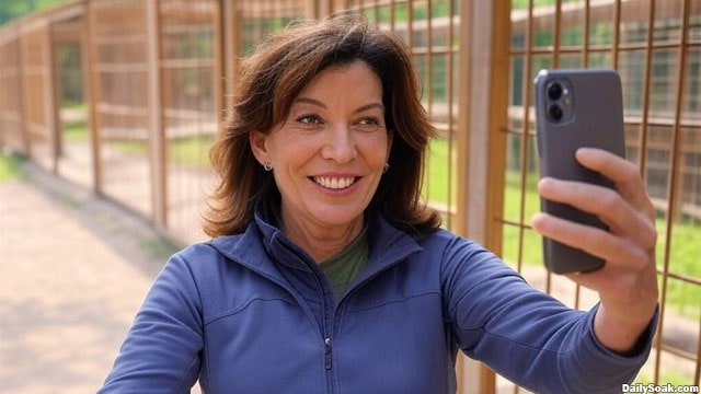 New Governor Kathy Hochul taking a selfie in front of a bear cage.