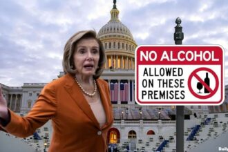 Nancy Pelosi standing in front of the US Capitol Building.