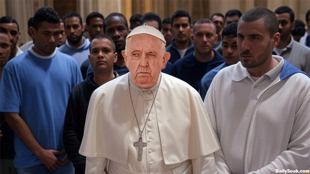 Pope Francis inside Vatican City surrounded by gang members.