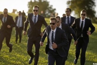 Secret Service agents running up a sloped hill.