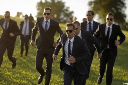 Secret Service agents running up a sloped hill.