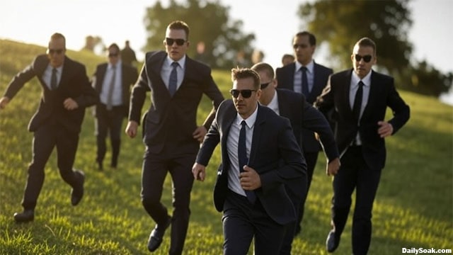 Secret Service agents running up a sloped hill.