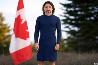 Canada Prime Minister Justin Trudeau wearing a blue dress.