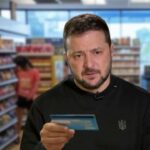 Volodymyr Zelensky in a store having his debit card declined.