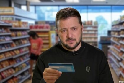 Volodymyr Zelensky in a store having his debit card declined.