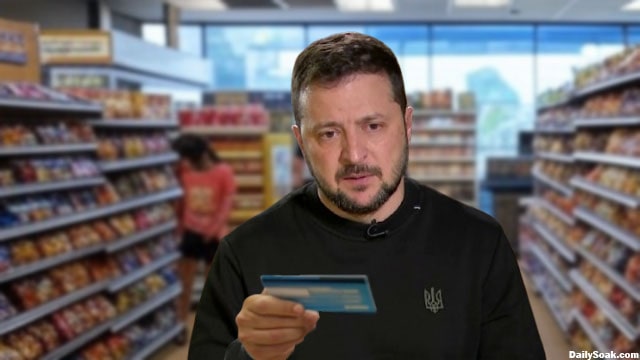 Volodymyr Zelensky in a store having his debit card declined.