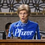 Elizabeth Warren wearing a Pfizer jacket at RFK Jr. confirmation.