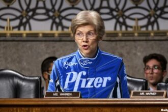 Elizabeth Warren wearing a Pfizer jacket at RFK Jr. confirmation.