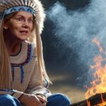 Elizabeth Warren wearing American Indian clothes sending up smoke signals as a warning about Elon Musk.