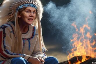 Elizabeth Warren wearing American Indian clothes sending up smoke signals as a warning about Elon Musk.