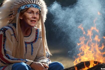 Elizabeth Warren wearing American Indian clothes sending up smoke signals as a warning about Elon Musk.