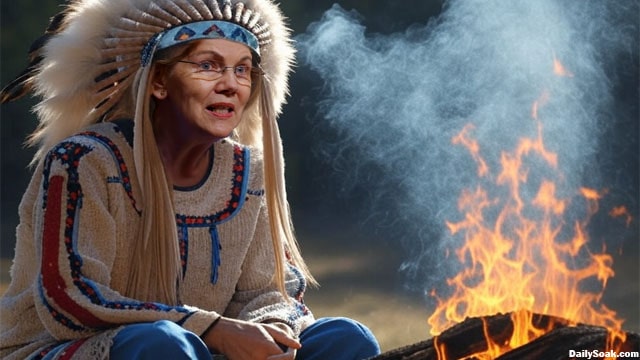 Elizabeth Warren wearing American Indian clothes sending up smoke signals as a warning about Elon Musk.