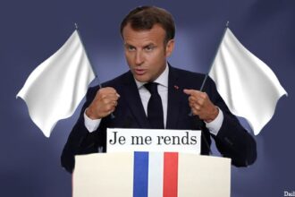 France President Emmanuel Macron holding up two white flags of surrender.