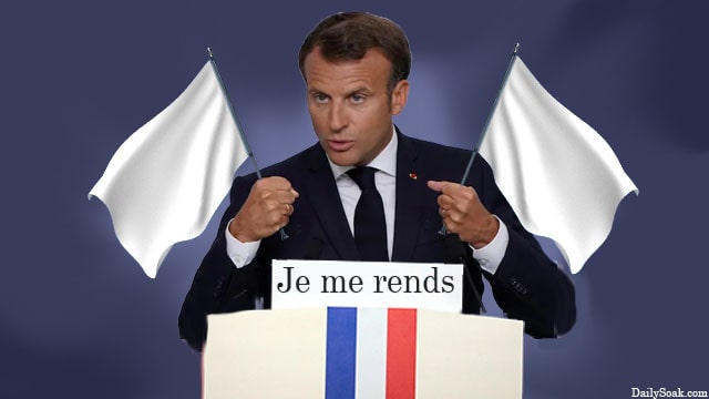 France President Emmanuel Macron holding up two white flags of surrender.