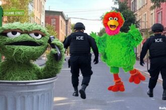 Sesame Street Muppet Oscar the Grouch calling ICE immigration on Big Bird's Mexican cousin Abelardo.