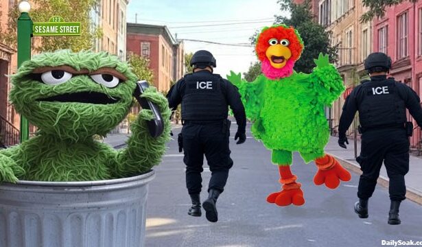 Sesame Street Muppet Oscar the Grouch calling ICE immigration on Big Bird's Mexican cousin Abelardo.