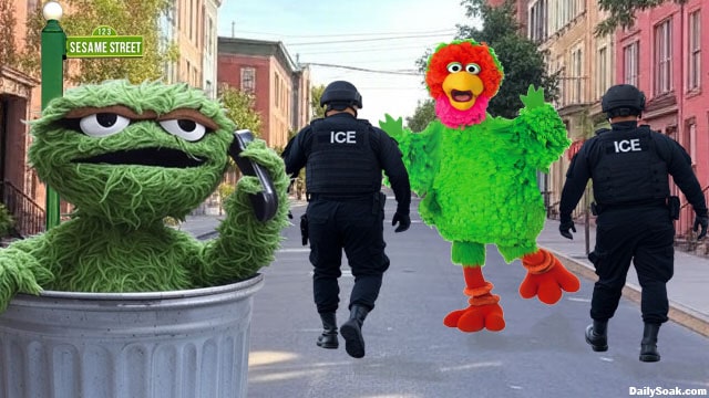 Sesame Street Muppet Oscar the Grouch calling ICE immigration on Big Bird's Mexican cousin Abelardo.