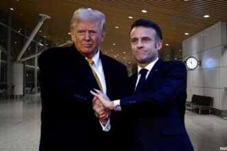 Donald Trump and Emmanuel Macron shaking hands at airport.