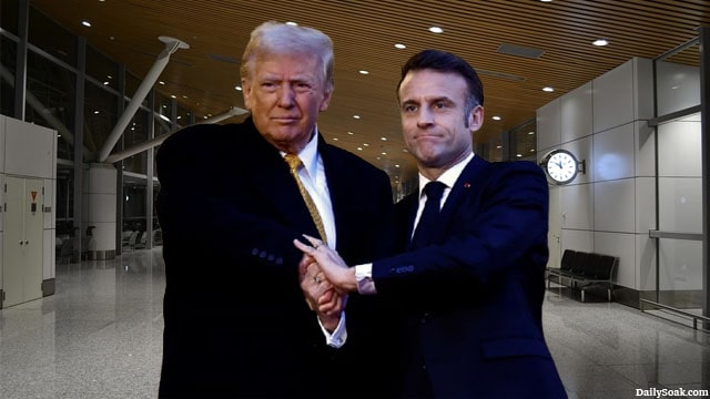 Donald Trump and Emmanuel Macron shaking hands at airport.