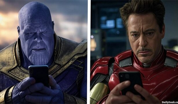 The Avengers on group chat with Thanos in Trump officials Signal parody.