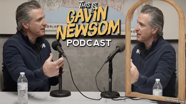 Gavin Newsom interviewing himself in a mirror on his new This is Gavin Newsom podcast.