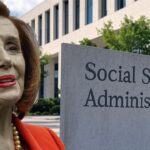 Nancy Pelosi in front of Donald Trump's social security DOGE administration building.