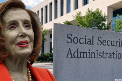 Nancy Pelosi in front of Donald Trump's social security DOGE administration building.