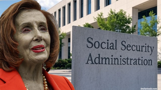 Nancy Pelosi in front of Donald Trump's social security DOGE administration building.