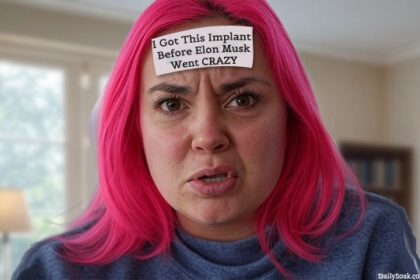 Pink-haired leftist receiving an Elon Musk Neuralink recipient.