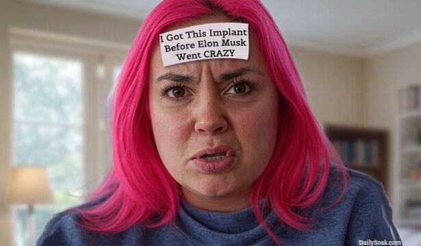 Pink-haired leftist receiving an Elon Musk Neuralink recipient.