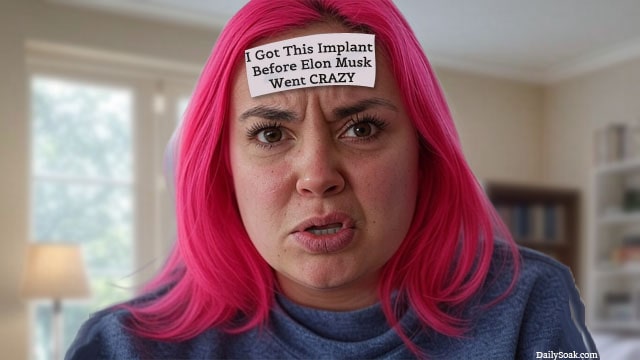 Pink-haired leftist receiving an Elon Musk Neuralink recipient.