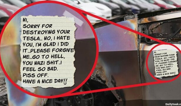 Apology note on vandalized Tesla car from bipolar arsonist suspect.