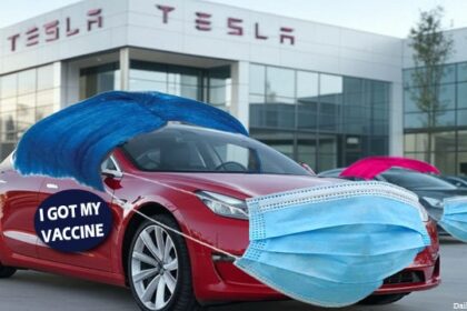 Tesla vehicles disguised as Liberals with blue hair, and a medical mask.