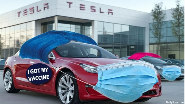 Tesla vehicles disguised as Liberals with blue hair, and a medical mask.