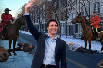 Justin Trudeau on last day as prime minister receiving a 21-horse trampling salute.