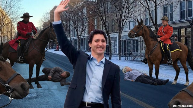 Justin Trudeau on last day as prime minister receiving a 21-horse trampling salute.