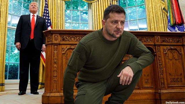 Volodymyr Zelensky inside of Donald Trump's White House searching for Hunter Biden's cocaine bag.