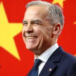 Canada Prime Minister Mark Carney in front of China flag.