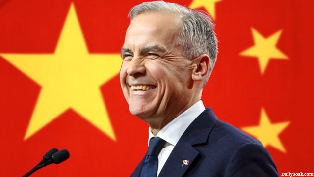 Canada Prime Minister Mark Carney in front of China flag.
