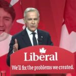 Canada Liberal Party's Mark Carney and Justin Trudeau on stage.